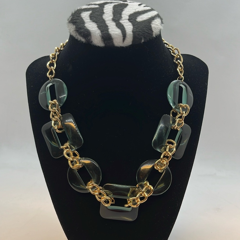 A New Day acrylic aquamarine square/round links with gold tone chain necklace